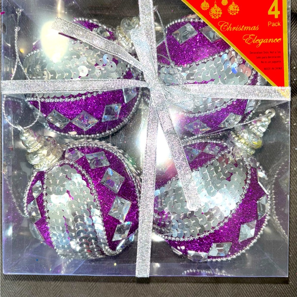 Purple and Silver Holiday Ornaments - 4 Pack